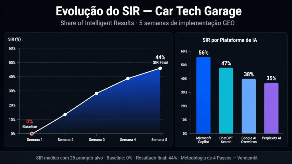 Evolução do SIR da Car Tech Garage em 5 semanas — de 0% a 44% de visibilidade nos motores generativos de IA
