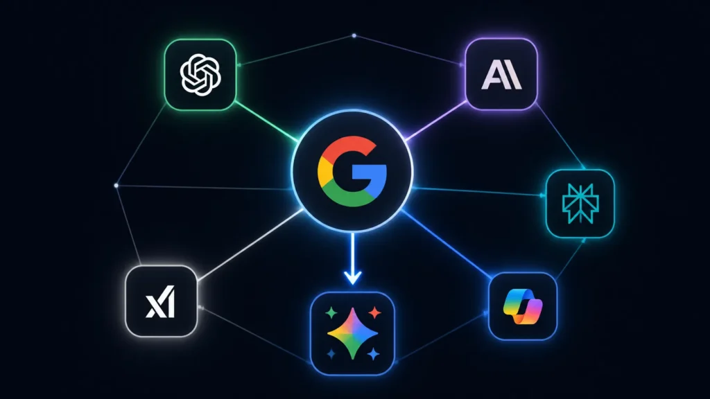 Ecossistema fragmentado de buscas por IA em 2026 — Google, ChatGPT, Claude, Perplexity, Copilot e Grok com lógicas diferentes de citação