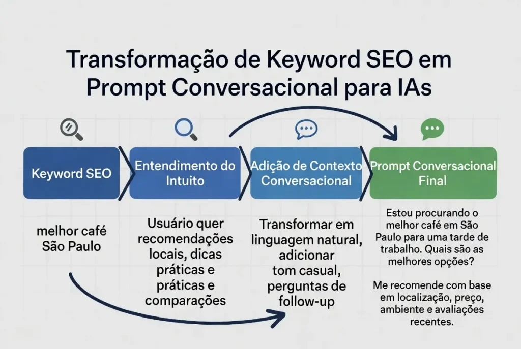 Fluxo visual mostrando como transformar uma pesquisa de palavras-chave SEO em prompts conversacionais para estratégia GEO em 2026.