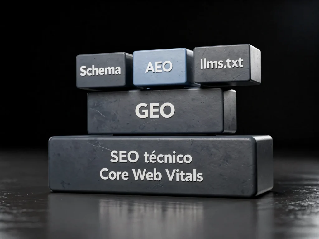 Diagrama de arquitetura técnica para GEO mostrando camadas de SEO para IA: Core Web Vitals, HTML semântico, Schema, AEO e llms.txt.