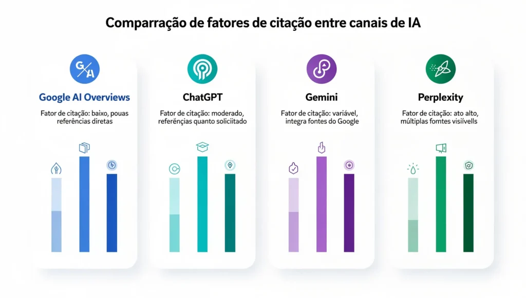 Comparação visual dos fatores de visibilidade em Google AI Overviews, ChatGPT, Gemini e Perplexity para marcas em 2026.
