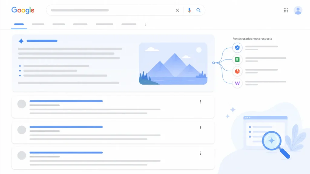 Ilustração de AI Overviews do Google combinando múltiplas fontes em um resumo de IA no topo da busca.