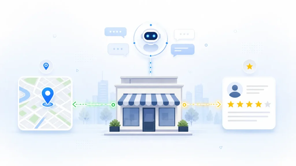 Ilustração de SEO local para IA conectando um negócio regional ao Google Maps e a respostas de inteligência artificial.