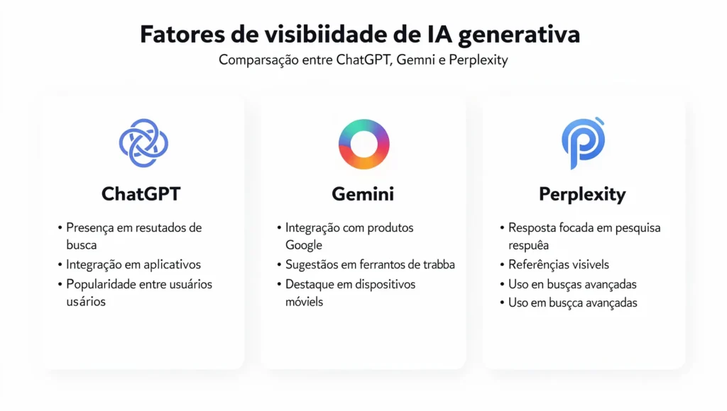 Guia visual comparando os fatores que influenciam citações no ChatGPT, Gemini e Perplexity para empresas em 2026.