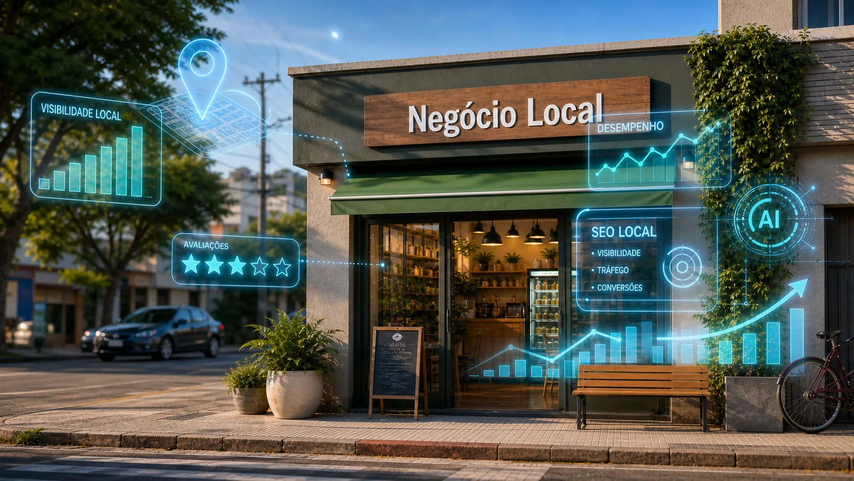 Ilustração de SEO local para IA conectando um negócio regional ao mapa, avaliações e respostas de IA