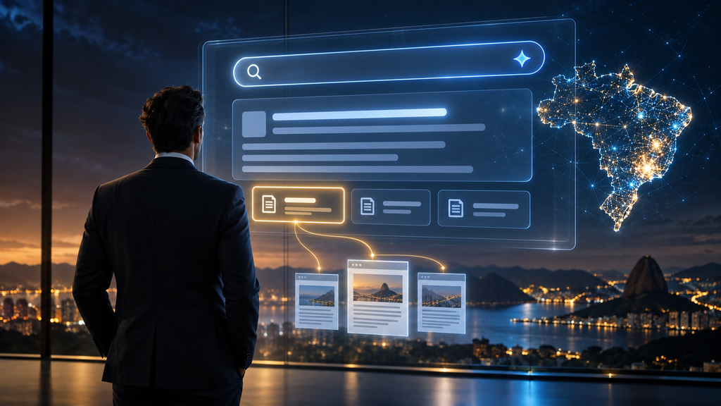 Silhueta de um estrategista observando um horizonte digital com constelações de dados formando o contorno do mapa do Brasil, simbolizando visão de futuro e pioneirismo.